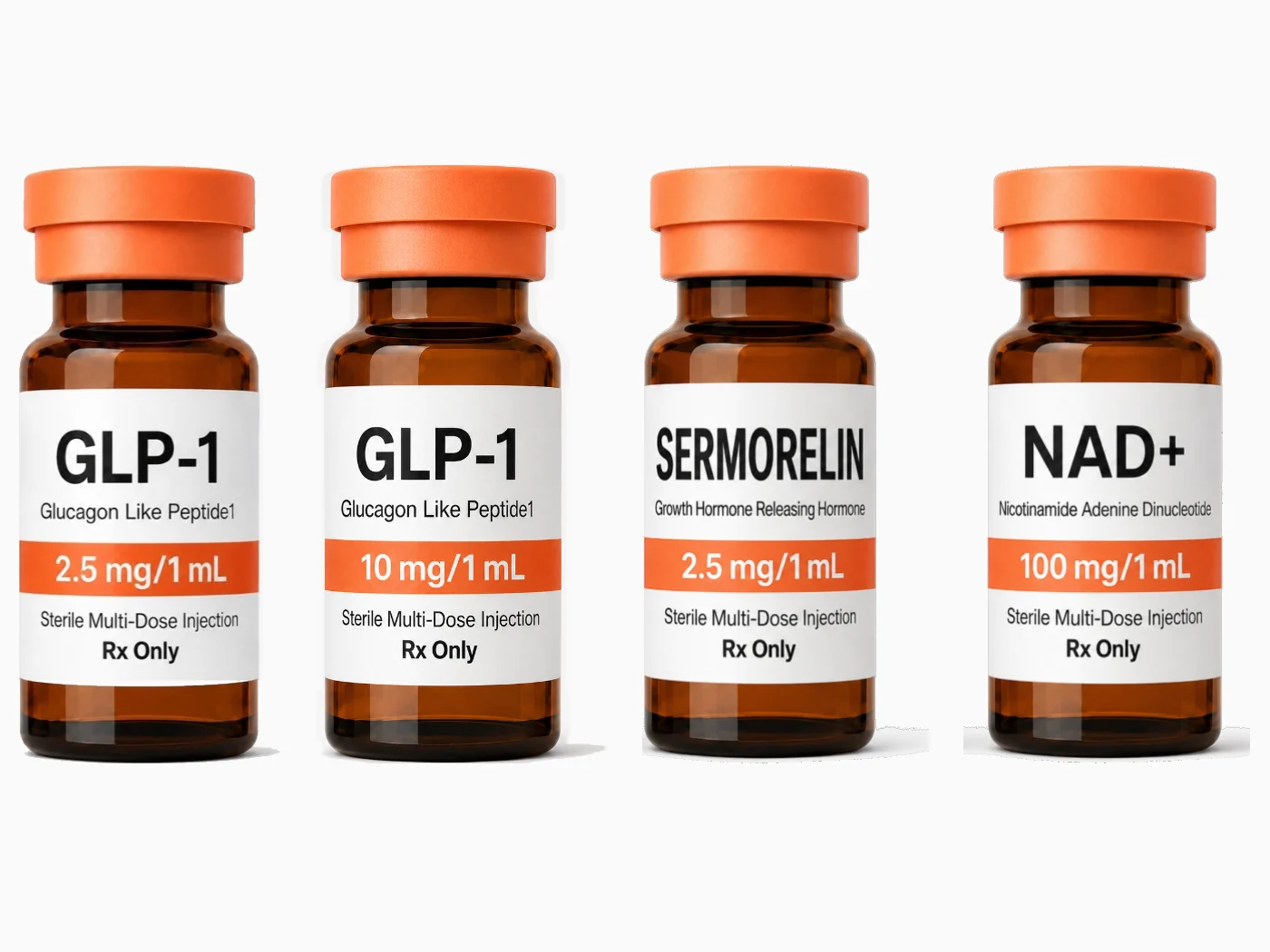 Four medication vial illustrations representing GLP-1, sermorelin, and NAD+ options